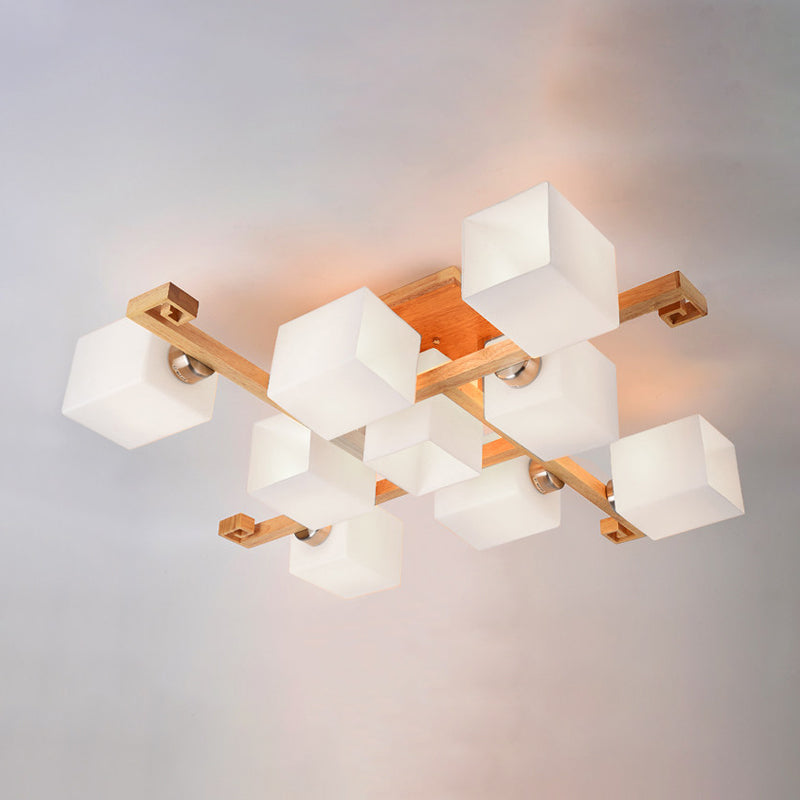 Plafonnier géométrique en bois semi-encastré artistique moderne avec abat-jour en verre blanc