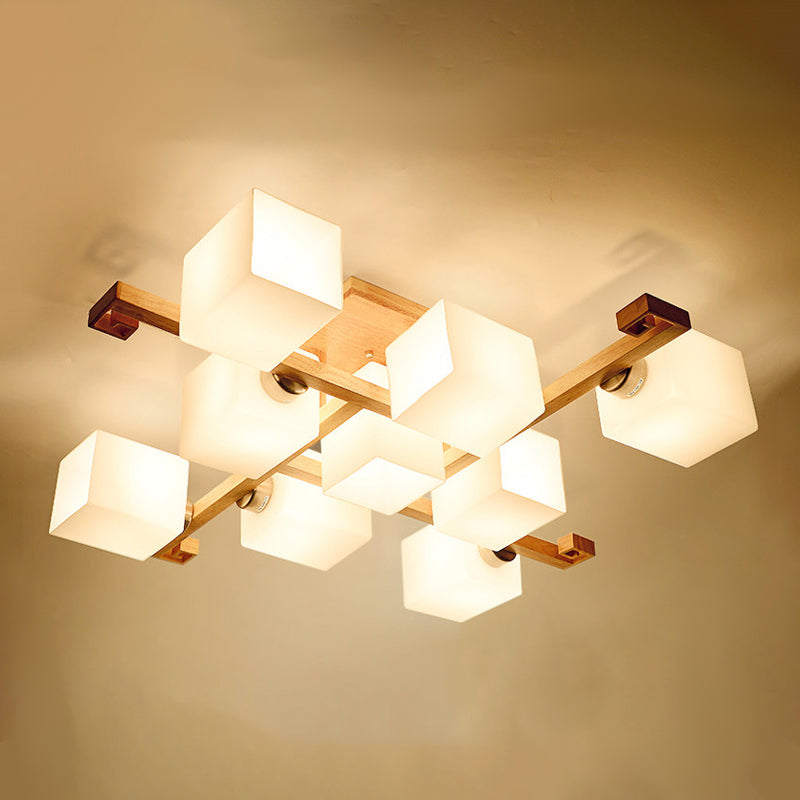 Plafonnier géométrique en bois semi-encastré artistique moderne avec abat-jour en verre blanc