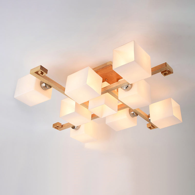 Plafonnier géométrique en bois semi-encastré artistique moderne avec abat-jour en verre blanc