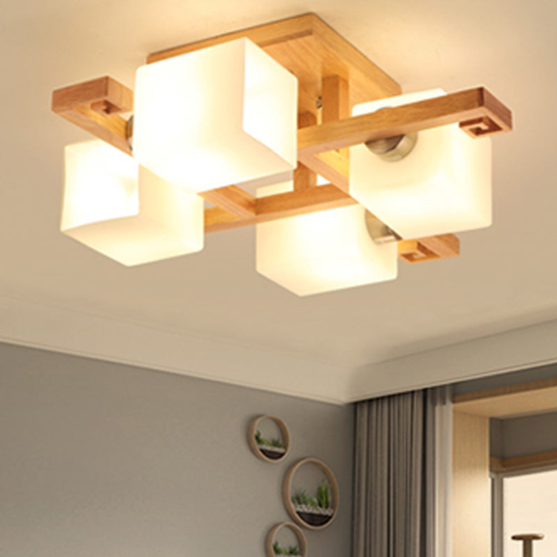 Plafonnier géométrique en bois semi-encastré artistique moderne avec abat-jour en verre blanc