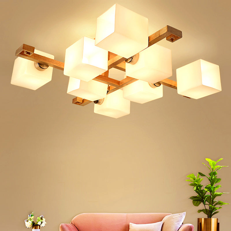 Plafonnier géométrique en bois semi-encastré artistique moderne avec abat-jour en verre blanc