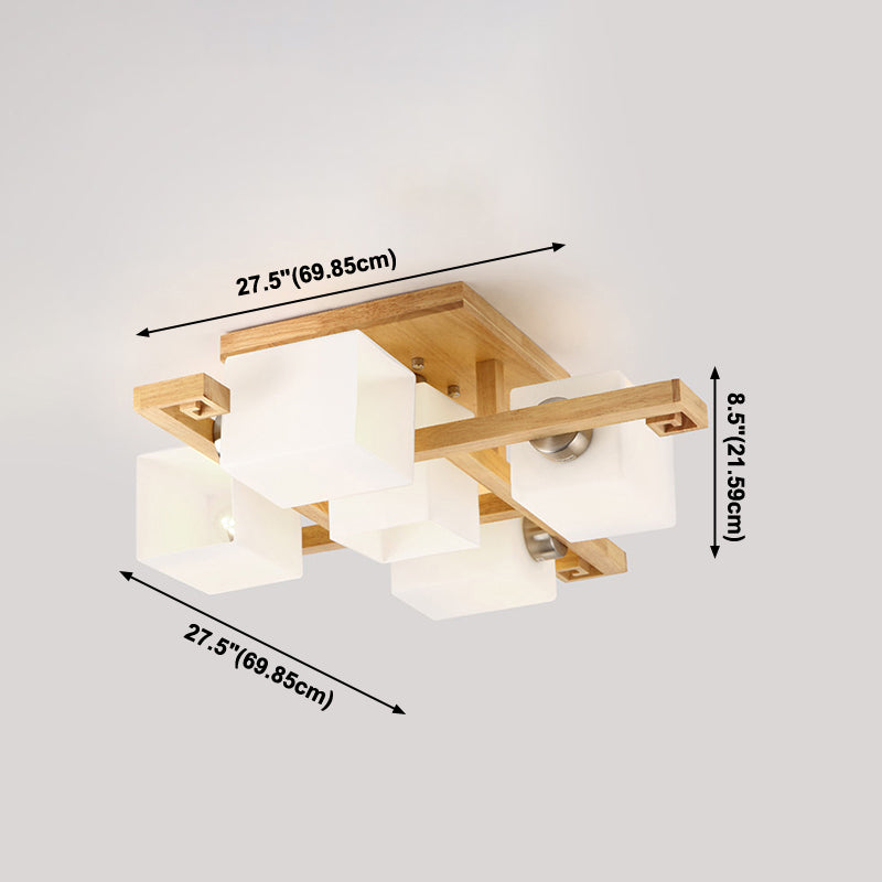 Plafonnier géométrique en bois semi-encastré artistique moderne avec abat-jour en verre blanc