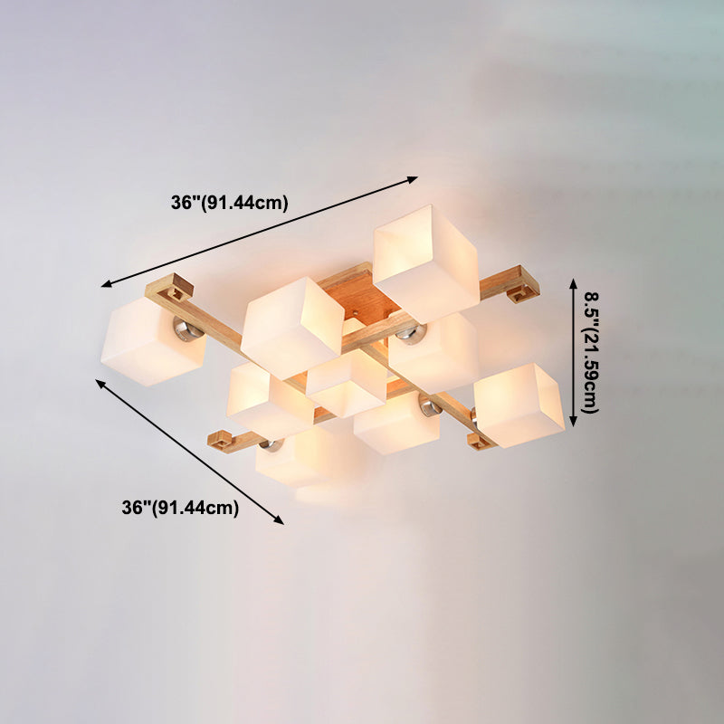 Plafonnier géométrique en bois semi-encastré artistique moderne avec abat-jour en verre blanc