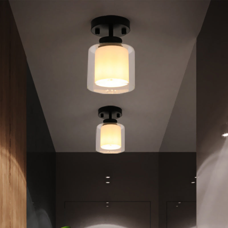 Black/Silver/Gold Finish Cylinder Semi Flush Ceiling Light with Glass Shade Contemporary 1 Bulb Semi Flush Light Fixture
