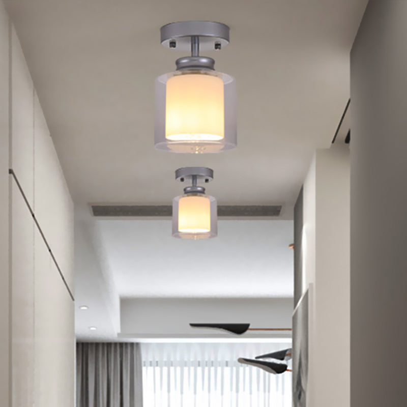 Black/Silver/Gold Finish Cylinder Semi Flush Ceiling Light with Glass Shade Contemporary 1 Bulb Semi Flush Light Fixture