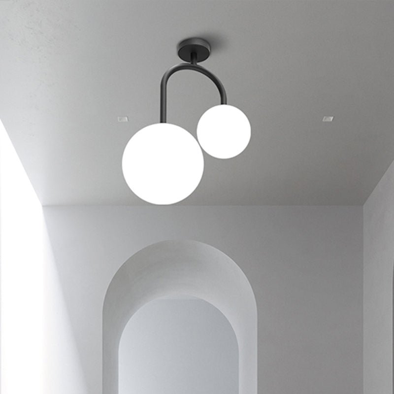 2-lichts witte halfverzonken plafondlamp met globale glazen lampenkap modernistische semi-gemonteerde verlichting voor slaapkamer