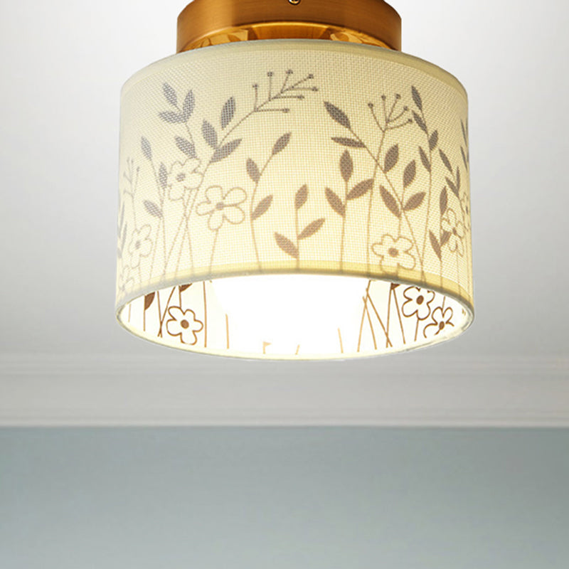 Fabric Cylinder Flush Mount Fixture with Flower/Deer Pattern Nordic 1 Bulb Flush Mount Ceiling Light for Foyer