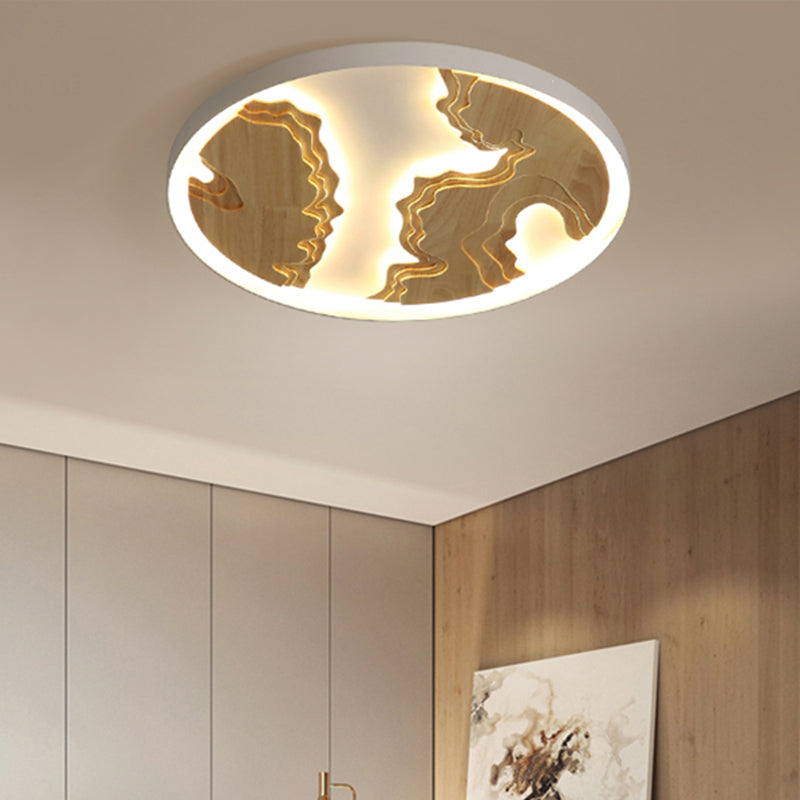 Round Flush Mount Lamp Contemporary Wood Gold/White Integrated LED Ceiling Light Fixture for Living Room, 16"/19.5"/23.5" Dia