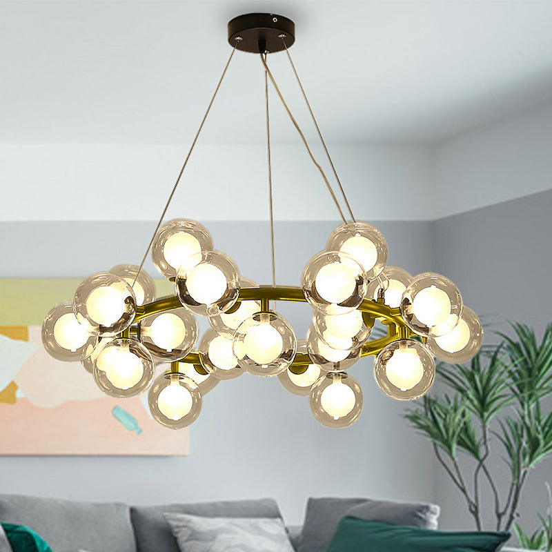 Global Shade Ceiling Light Fixture Modernist Glass 15/25 Bulbs Black/Gold Finish Chandelier Lamp with Metal Ring