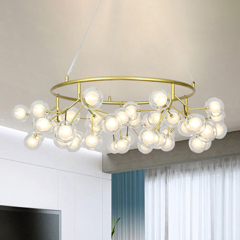 Golden Ring Chandelier Lighting Modern 32"/35.5" W 27/36/45-Light Metal Hanging Light Fixture with Clear Glass Ball Shade