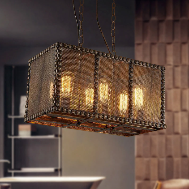 Rectangle Cage Metal Chandelier Lighting with Mesh Screen and Rivets Antique Style 6-Light Indoor Ceiling Light Fixture in Rust