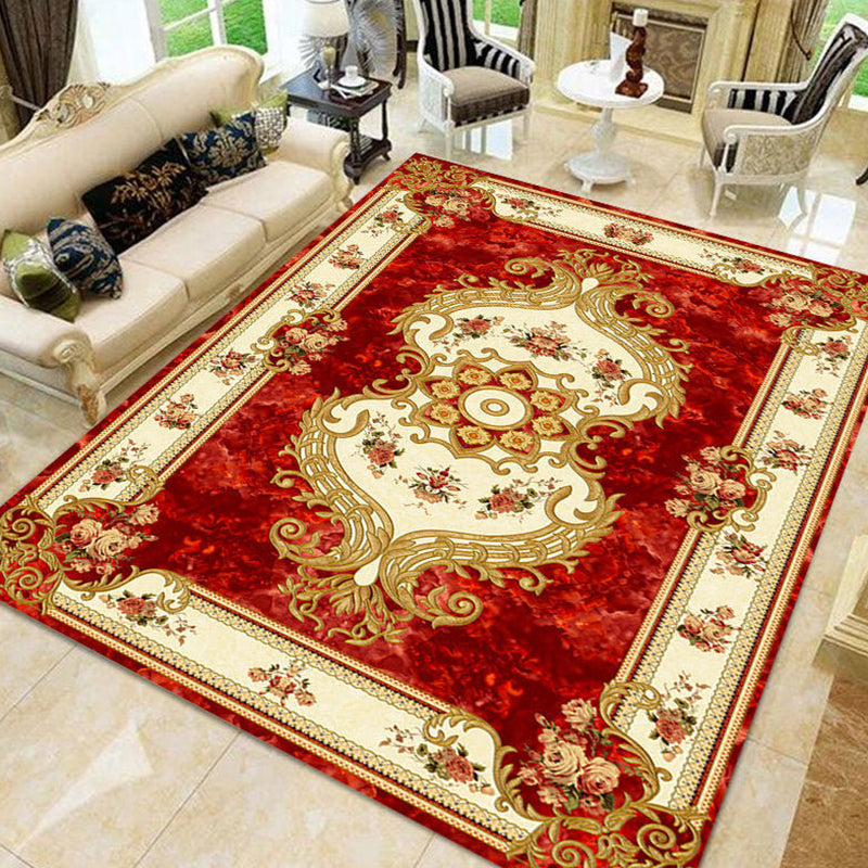 Red Medallion Rug Polyester Luxury Area Rug Non-Slip Backing Rug for Home Decor