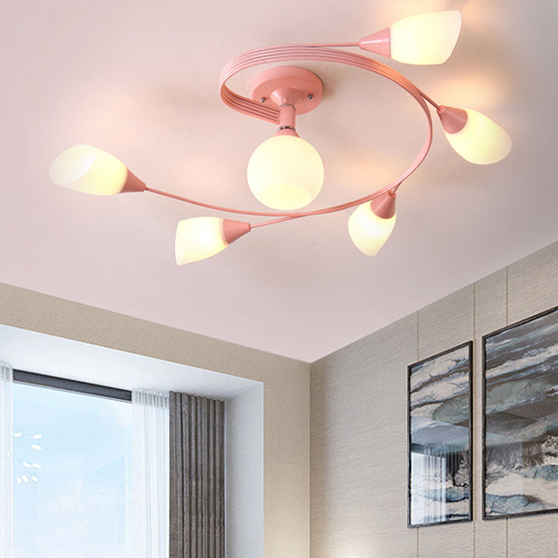 Curly Semi Flush Mount Light Nordic Fer 4/6 HEAD GREN / ROSE / JAUNE PLAFICATION AVEC BLAND D'ECVOIRE DE VERRE