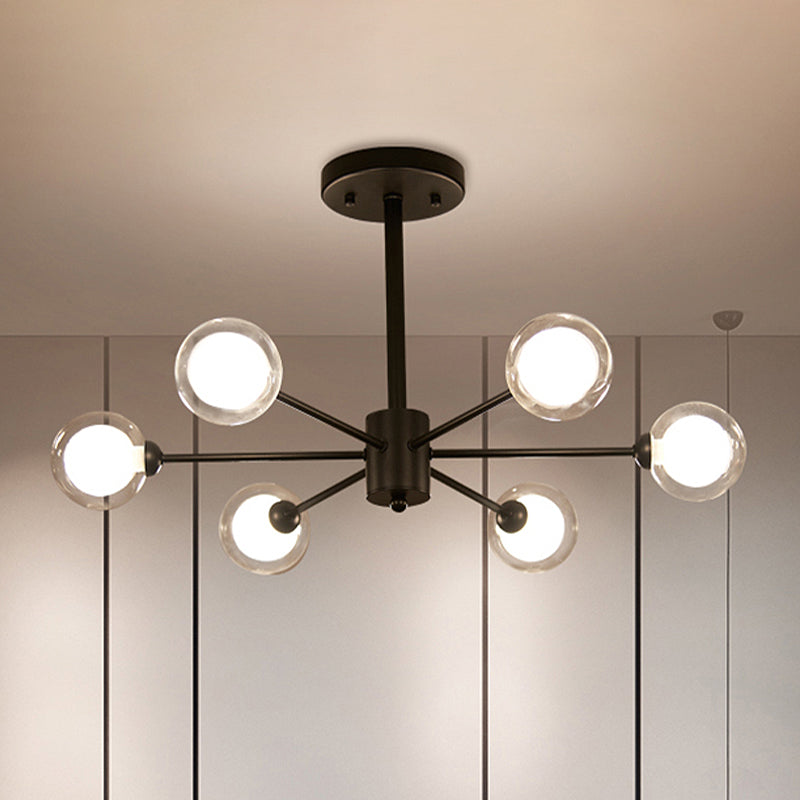 Burst Chandelier Light Modern Metal 6 Lights Black Hanging Light with Clear Glass Shade