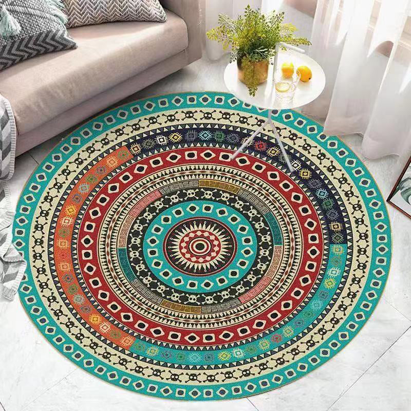 Retro Ethnic Style Round Rug Polyester Rug Stain Resistant Rug for Living Room Bedroom