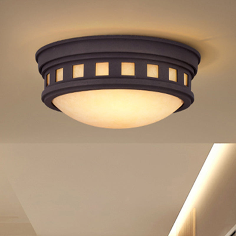 Drum Ceiling Flush Light Rustic Style Metal and Opal Glass Bronze/Gold Outdoor Flush Mount Light for Porch