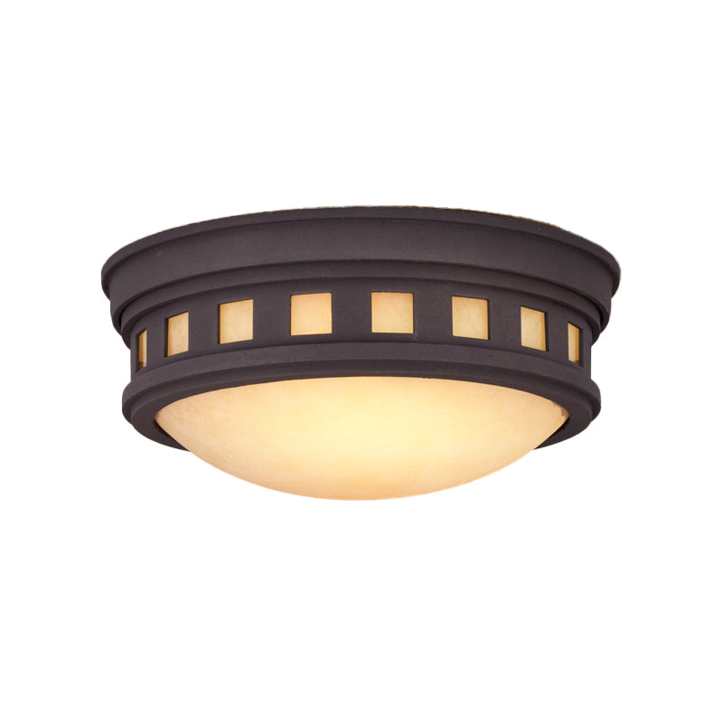 Drum Ceiling Flush Light Rustic Style Metal and Opal Glass Bronze/Gold Outdoor Flush Mount Light for Porch