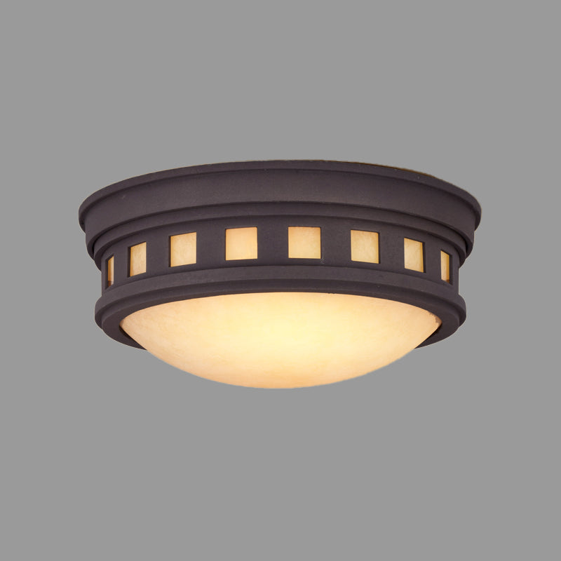 Drum Ceiling Flush Light Rustic Style Metal and Opal Glass Bronze/Gold Outdoor Flush Mount Light for Porch