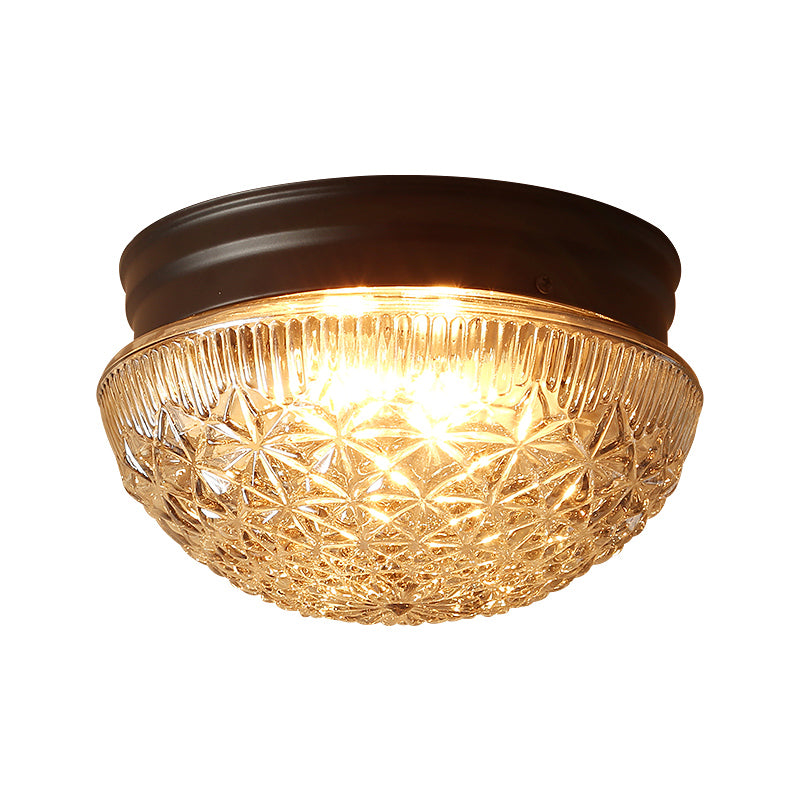 Clear Textured Glass Dome Flushmount Industrial 2 Bulbs Flush Ceiling Light in Matte Black