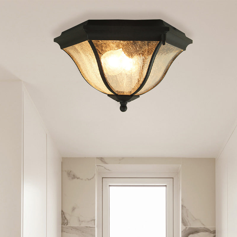 2 Bulbs Geometric Flush Lighting with Seeded Glass Shade Traditional Black Outdoor Ceiling Light for Balcony
