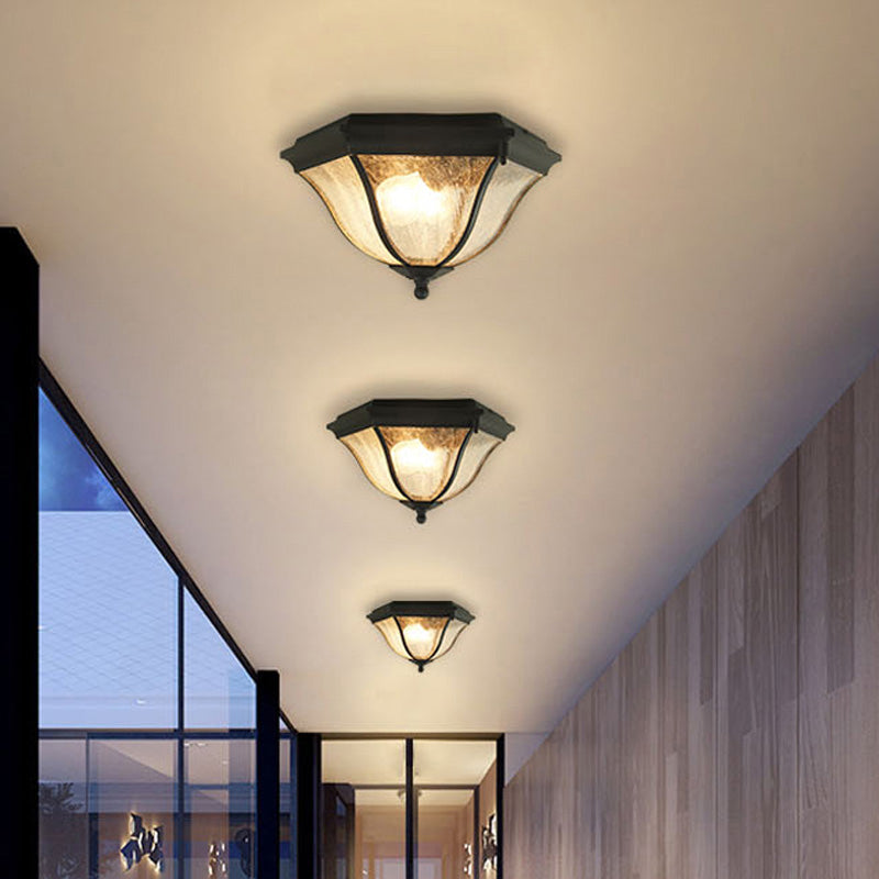 2 Bulbs Geometric Flush Lighting with Seeded Glass Shade Traditional Black Outdoor Ceiling Light for Balcony