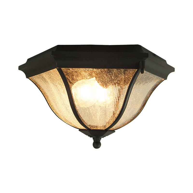 2 Bulbs Geometric Flush Lighting with Seeded Glass Shade Traditional Black Outdoor Ceiling Light for Balcony