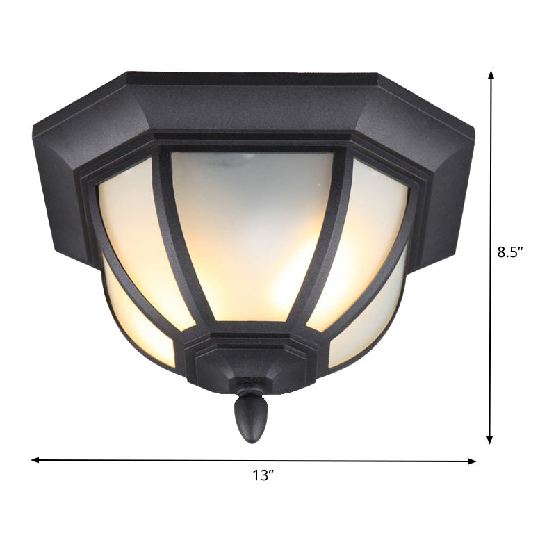 Industrial Bowl Flush Ceiling Light Opal Glass 2 Lights Outdoor Flush Mount in Black