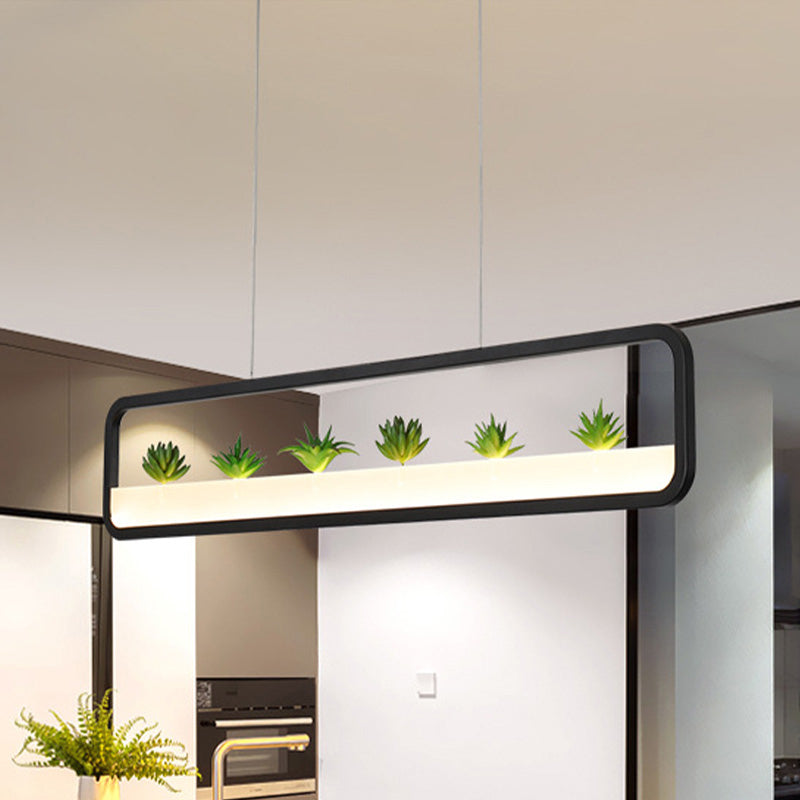 Metall rechteckige Kronleuchter Moderne LED 27,5 "breite Decke hing Licht in Weiß/Schwarz mit künstlicher Pflanze, Weiß/warmes Licht