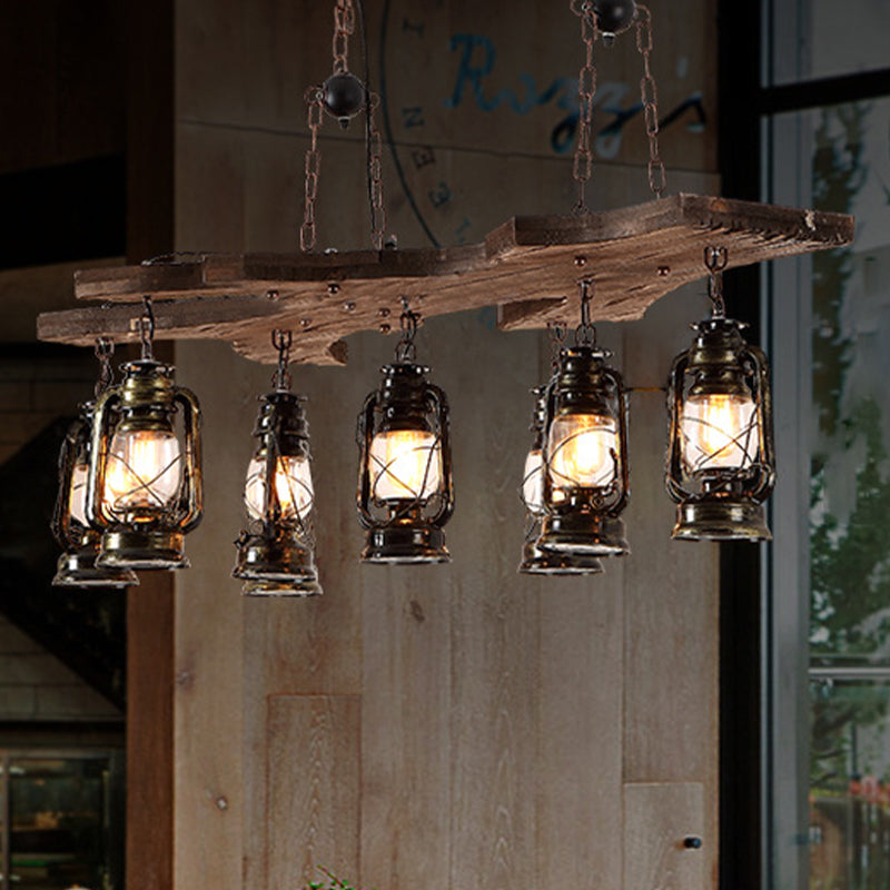 Luce lampadario lineare con tonalità lanterna Industrial Metal 8 Lights Island Lighting in ottone antico