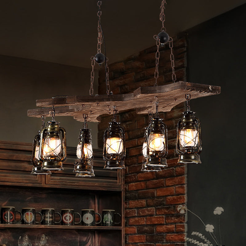 Luce lampadario lineare con tonalità lanterna Industrial Metal 8 Lights Island Lighting in ottone antico