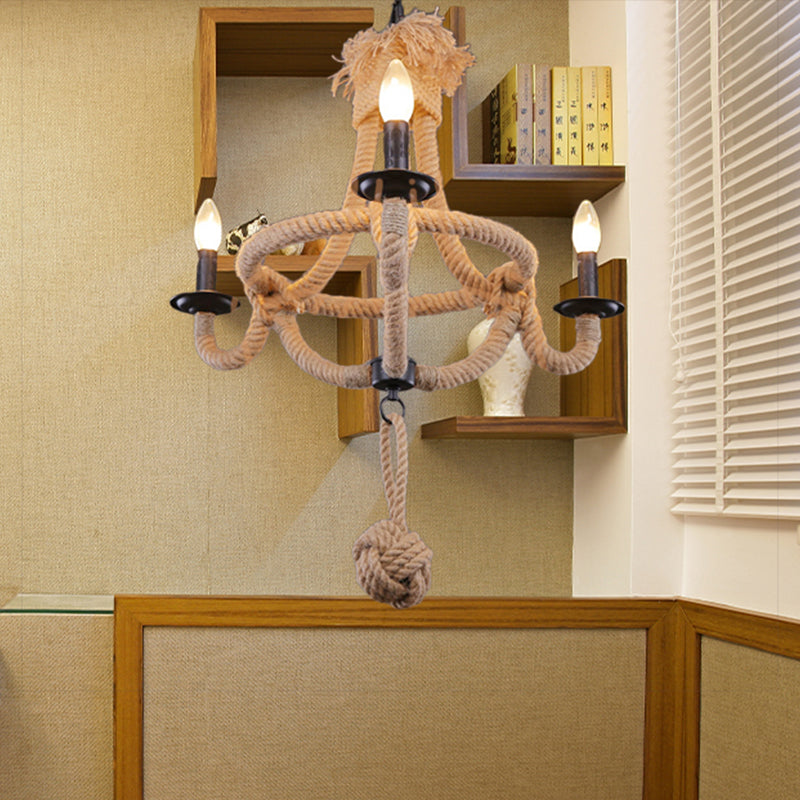 3 têtes Cage de bol suspendue Light Country Style Brown Corde suspendue avec une ampoule ouverte pour le restaurant