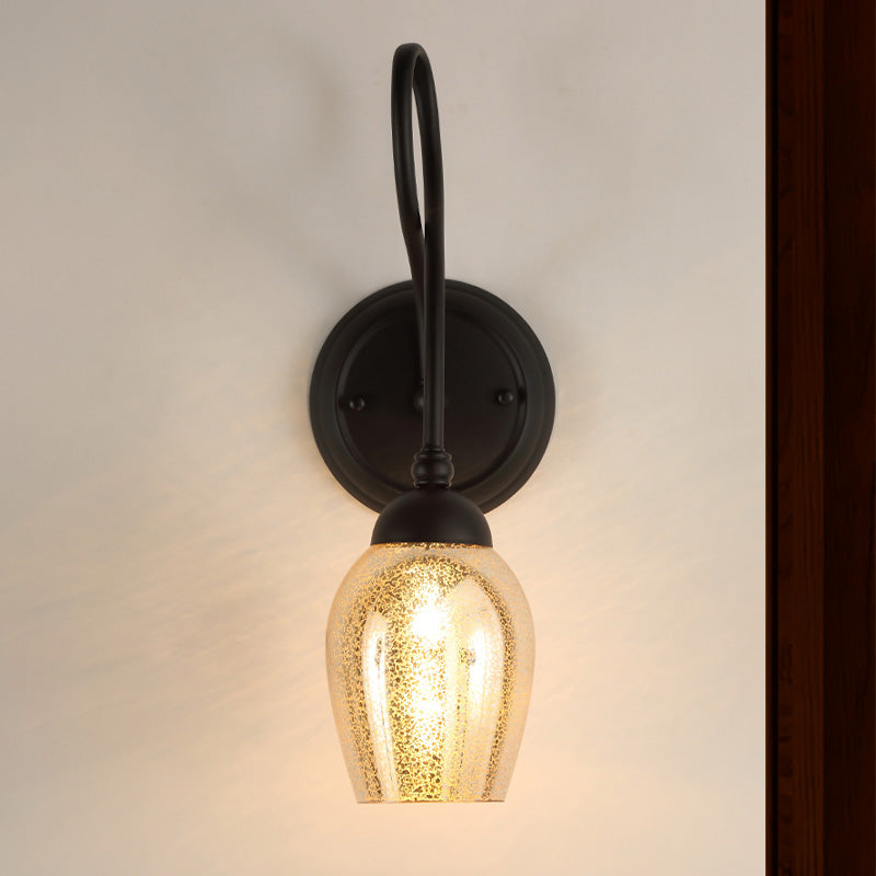 1/2-Light Wall Sconce Lighting Curved Arm Crackled Mercury Glass Industrial Bedroom Light Fixture in Black