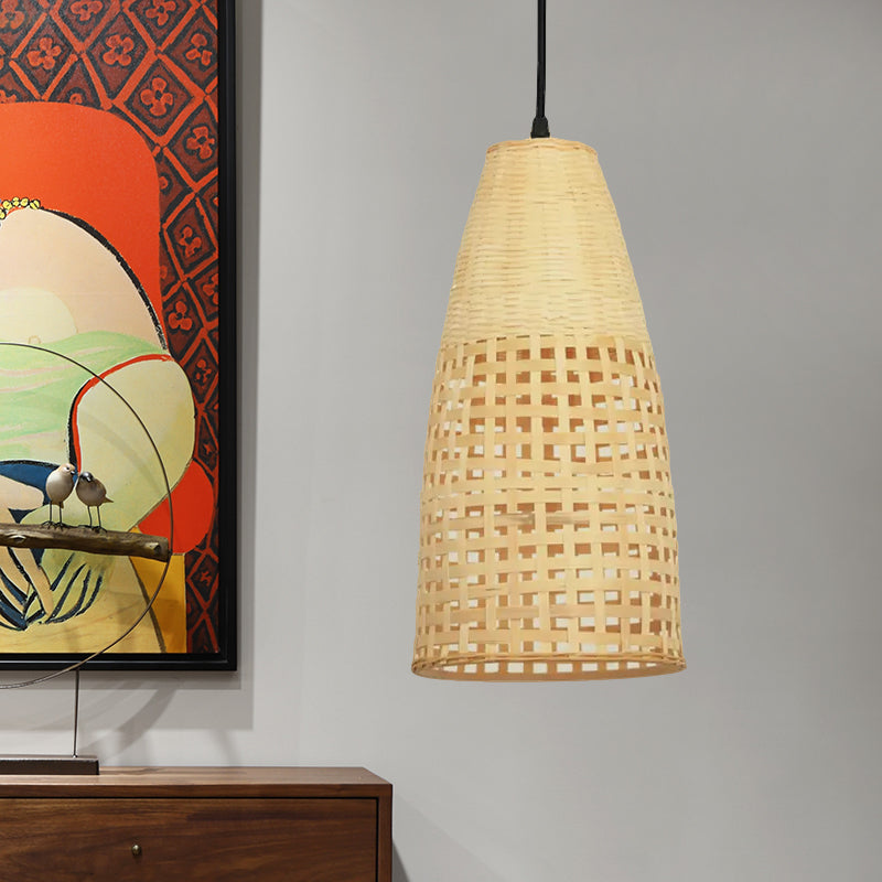 Pendentif de plafond chinois 1-Bulb avec un pendentif de chute allongé à la teinte bambou beige pour restaurant