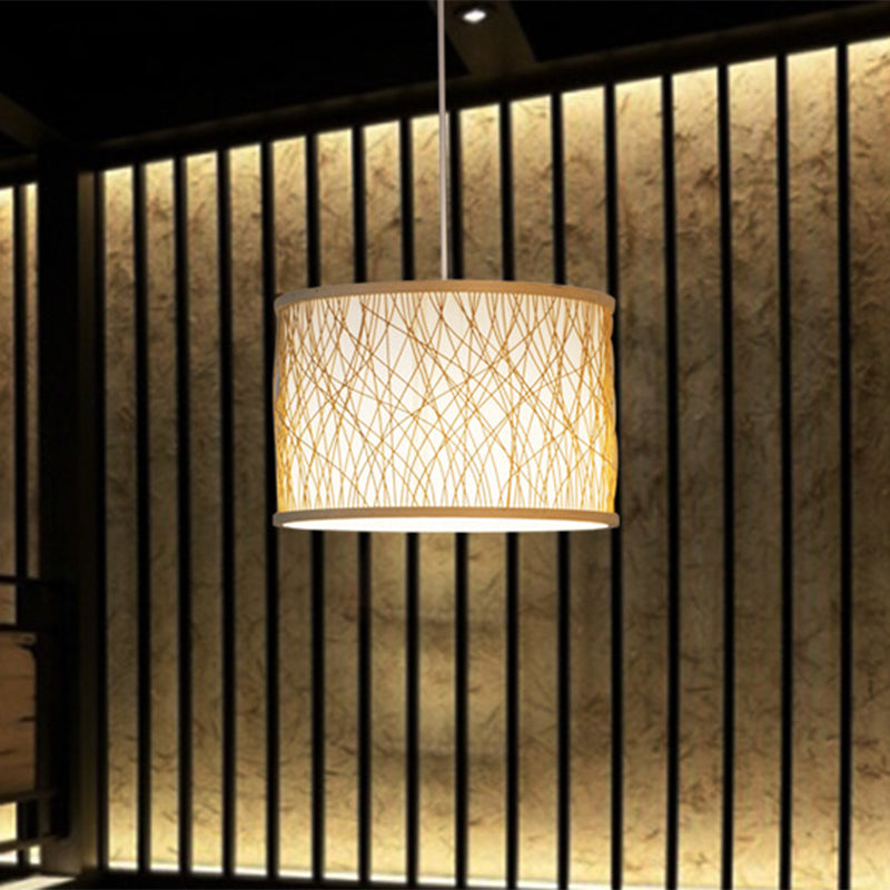 Japanese 1-Light Pendant Light Fixture with Hand-Woven Bamboo Beige Drum Shade Hanging Lamp for Restaurant
