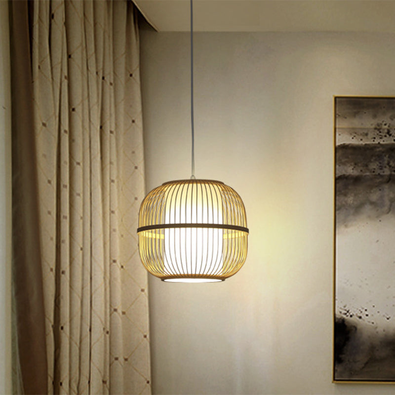 BEIGE Oblungo Sofiling Oblungo Stile contemporaneo Lampada a ciondolo di bambù a 1 luce con tonalità cilindrica interna