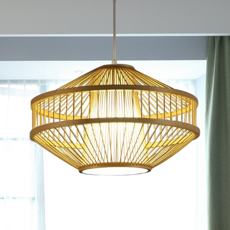 Modernist Style 1 Light Hanging Lamp with Bamboo Shade Beige Open-Weave Suspension Lamp for Restaurant