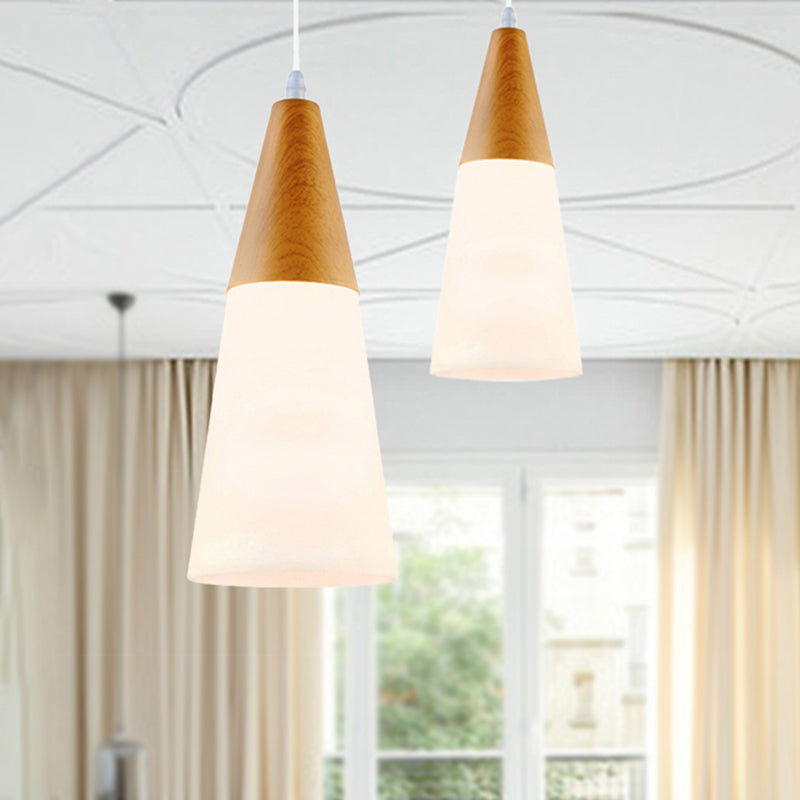 Cone Milk Glass Suspension Pendant Modern 1 Light 5"/7.5"/10.5" Wide Natural Wood Hanging Light Fixture