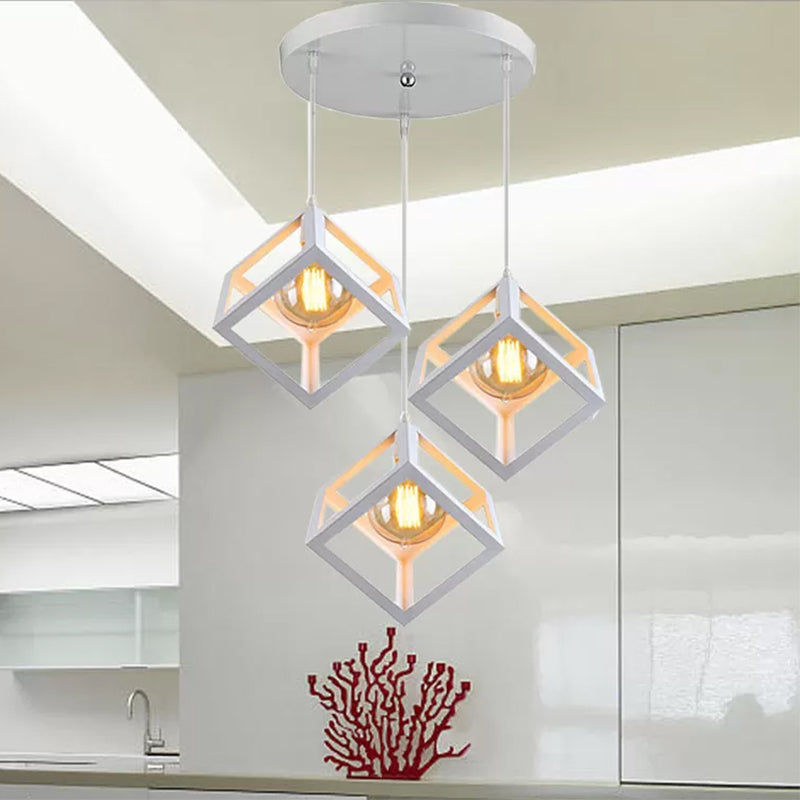 3 bulbos colgante de metal luz industrial lámpara de techo de sala de estar cuadrada cuadrada industrial con sombra de jaula de alambre