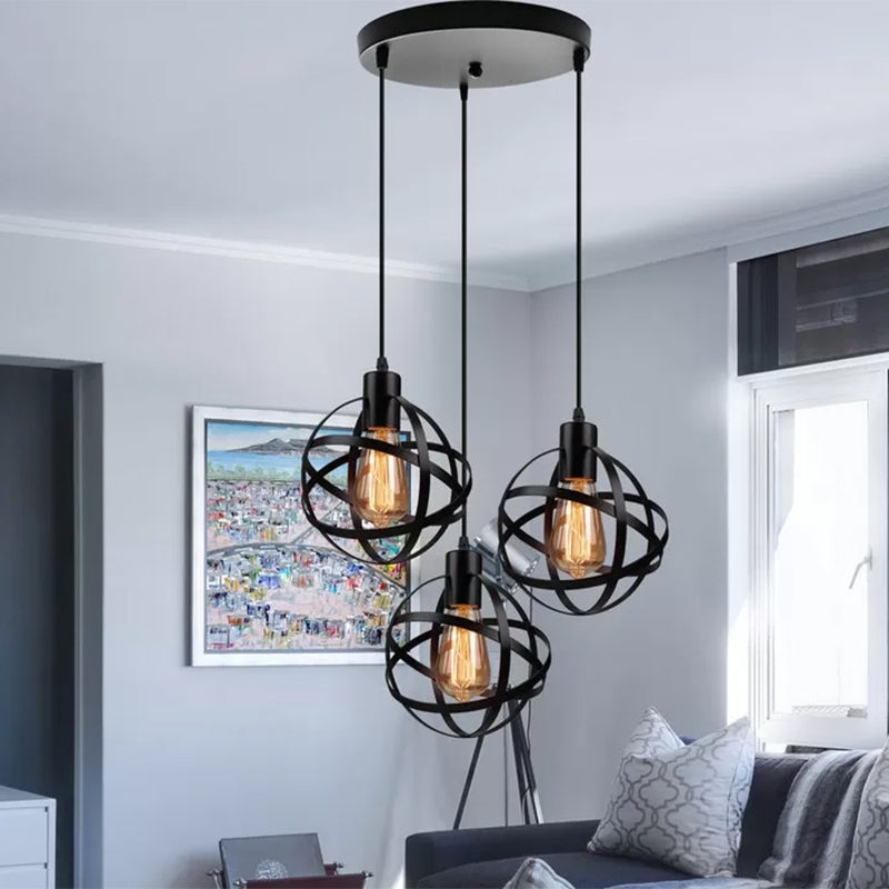 3 Lights Spherical Pendant Light Fixture Industrial Black Metal Hanging Light with Wire Guard for Dining Room