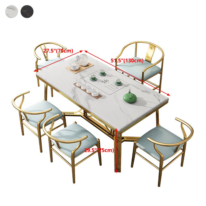 Mesa rectangular de lujo tradicional de metal, mesa superior de piedra sinterizada con base de caballete