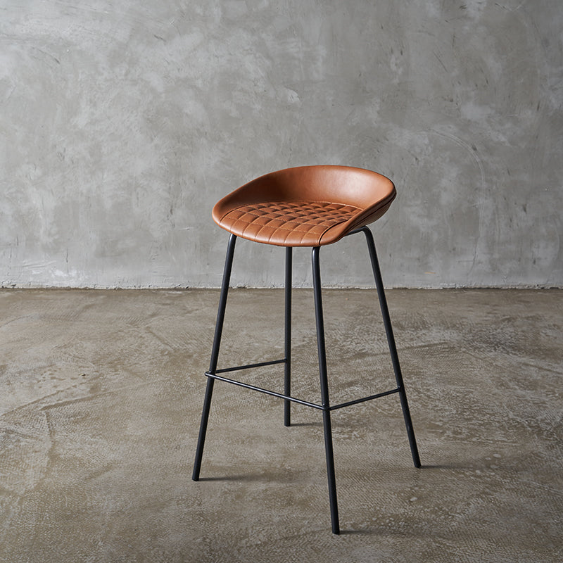 Industrial Indoor Barstool Iron Distressed Quilted Tall Stool with Leather Seat