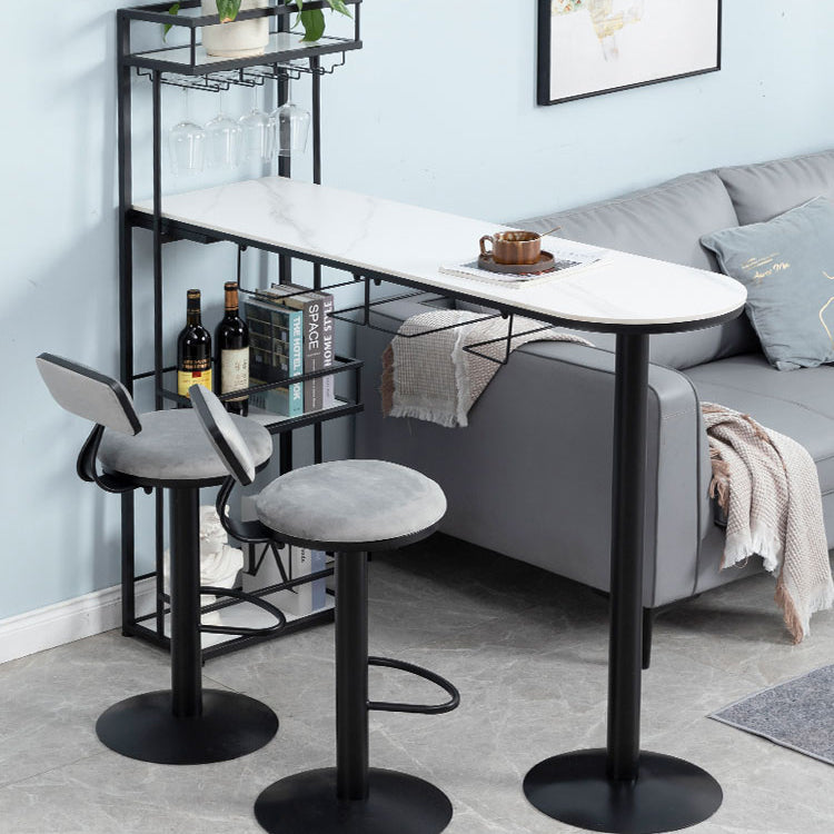 Glam White Stone Bistro Table Indoor Iron Double Pedestal Bar Dining Table with Wine Rack