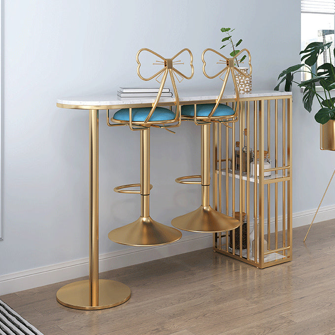 Glam White Faux Marble Pub Bar Table Iron Double Pedestal Bar Dining Table with 2-Shelf