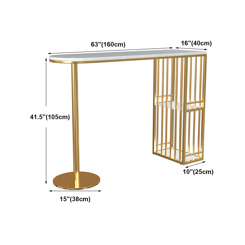 Glam White Faux Marble Pub Bar Table Iron Double Pedestal Bar Dining Table with 2-Shelf