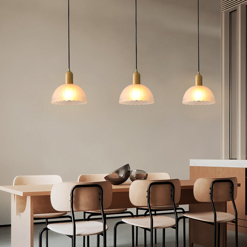 Nordic Grosted Glass Bowl Pendant Light Light 1-Light Wood Blowing Lamping for Dining Room