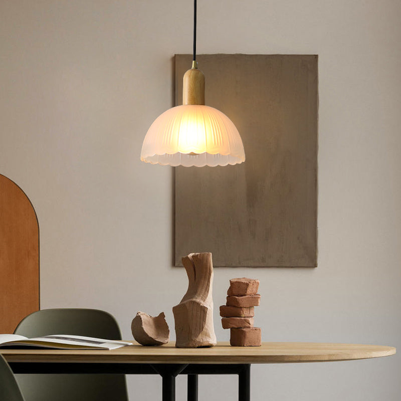 Nordic Grosted Glass Bowl Pendant Light Light 1-Light Wood Blowing Lamping for Dining Room