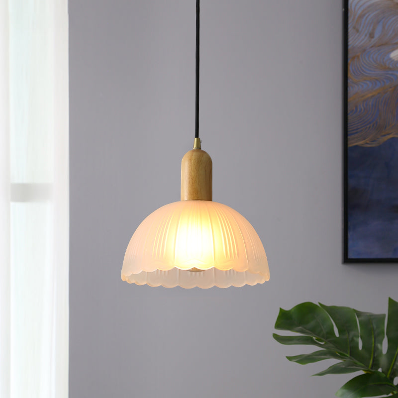Nordic Grosted Glass Bowl Pendant Light Light 1-Light Wood Blowing Lamping for Dining Room