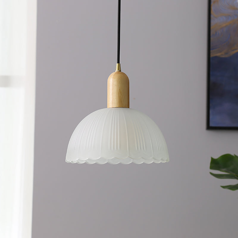 Nordic Grosted Glass Bowl Pendant Light Light 1-Light Wood Blowing Lamping for Dining Room