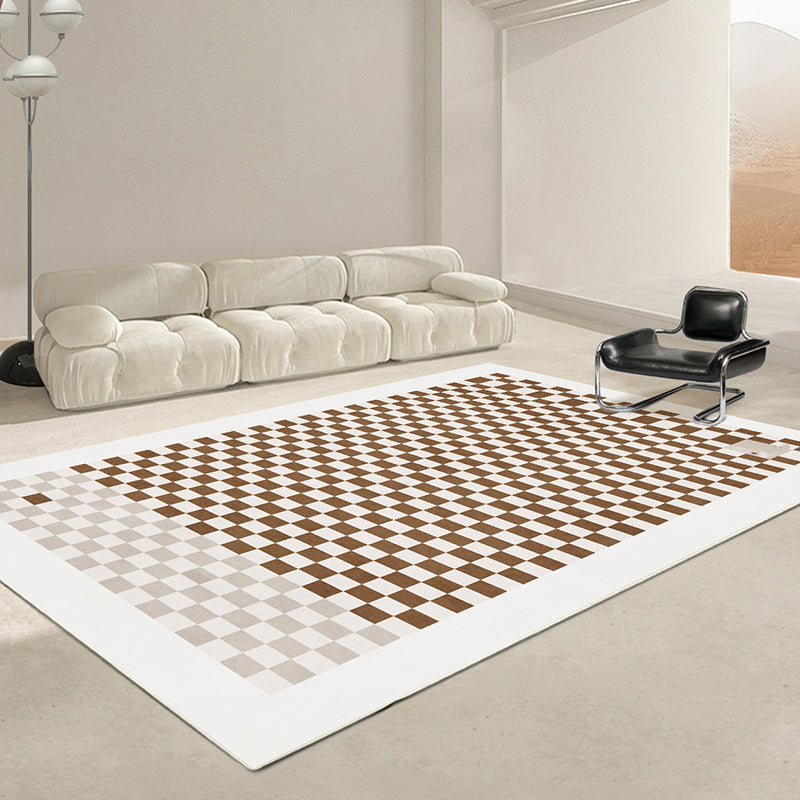 Brown Square Grid Rug Blended Modern Rug Washable Rug for Living Room