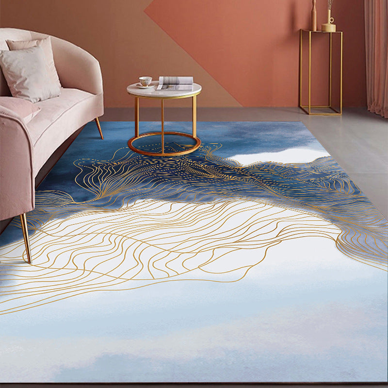 Light Blue Abstract Line Rug Polyester Modern Rug Washable Rug for Living Room